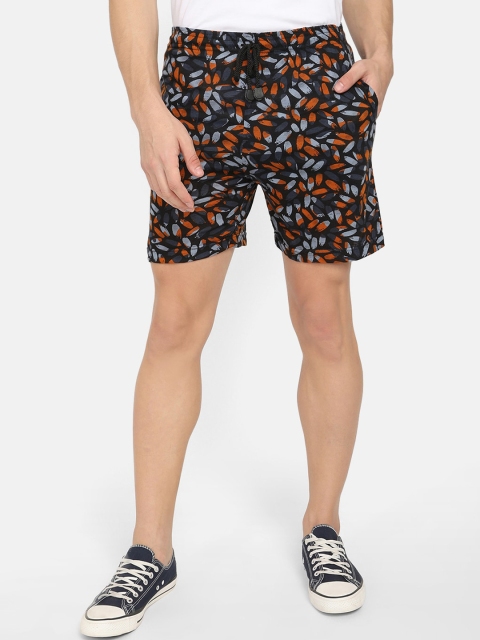 

V2 Value & Variety Men Black & Orange Floral Printed Mid-Rise Pure Cotton Regular Shorts