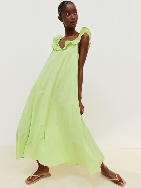 

H&M Women Green Flounce-Detail Cotton Dress