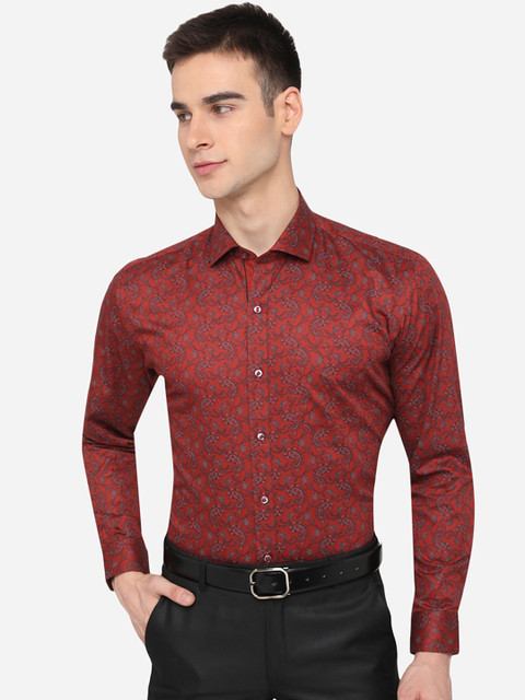 

Greenfibre Men Rust Red Slim Fit Printed Pure Cotton Formal Shirt