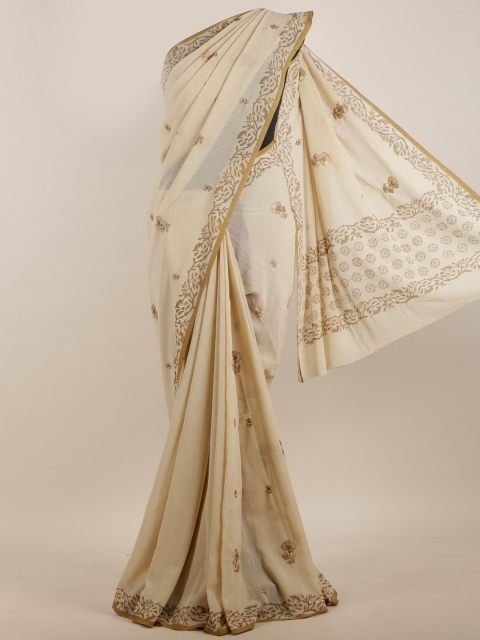 

Pothys Cream-Coloured & Olive Green Dabu Print Embroidered Cotton Blend Saree