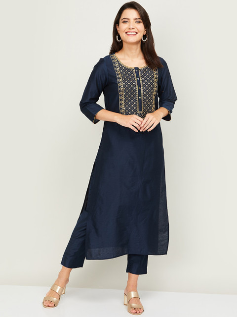 

Melange by Lifestyle Women Navy Blue Yoke Design Kurta with Trousers