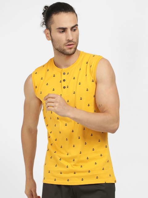 

V2 Value & Variety Men Mustard Yellow Nautical Printed Sleeveless Slim-Fit T-shirt