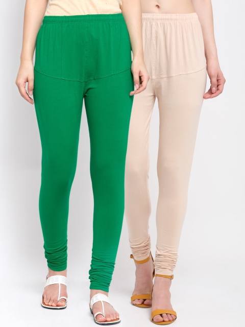

KLOTTHE Women Pack Of 2 Green & Nude Coloured Solid Cotton Churidar-Length Leggings