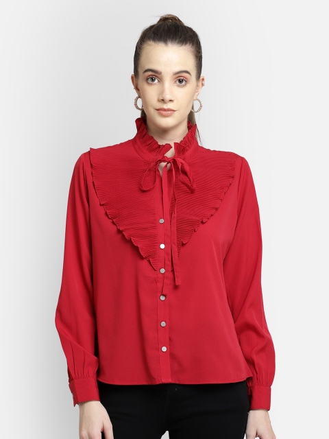 

Yaadleen Women Red Solid Victorian Crepe Shirt Style Top