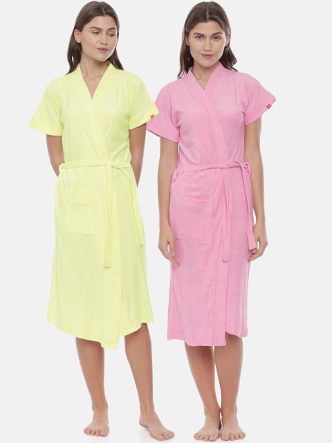 

GOLDSTROMS Women Pack Of 2 Yellow & Pink Solid Cotton Bath Robes