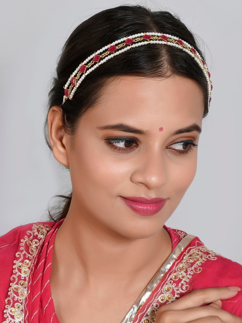 

Silvermerc Designs Gold-Plated Red Stone & Pearl-Studded Mehri Head Chain