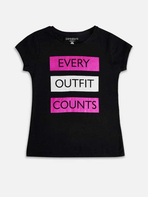 

Pantaloons Junior Girls Black Typography Printed Round Neck T-shirt