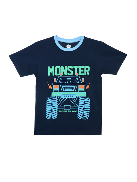 

ORANGE PUMPKKIN Boys Navy Blue Typography Printed Slim Fit T-shirt