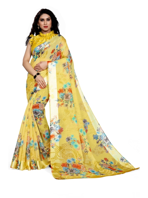 

KALINI Yellow & Blue Floral Printed Bagh Saree