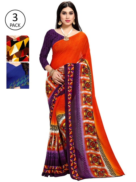 

KALINI Multicolor Georgette Printed Daily Wear Saree With Unstitched Blouse(Pack of 3), Orange
