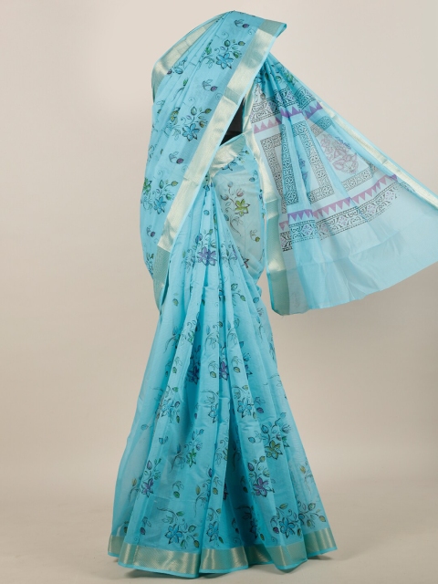 

Pothys Women Blue & Silver Cotton Blend Floral Printed Saree