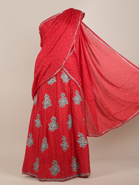 

Pothys Red & Silver-Toned Embellished Sequinned Satin Heavy Work Saree