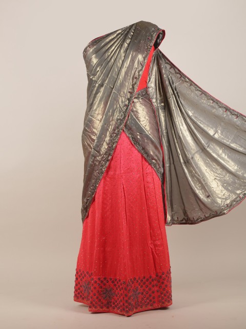 

Pothys Grey & Pink Embellished Jute Silk Half Saree