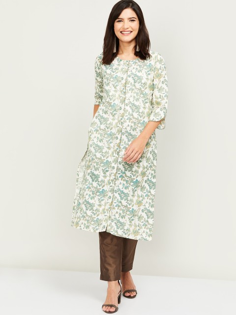 

Melange by Lifestyle Women Off White & Green Cotton Leaf Printed Kurta