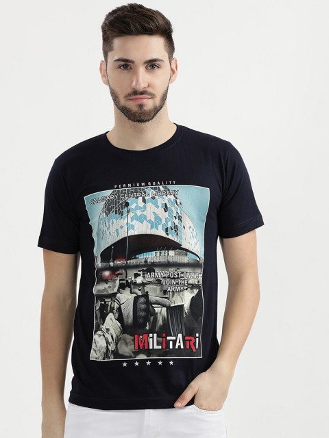 

V2 Value & Variety Men Navy Blue Printed Raw Edge T-shirt