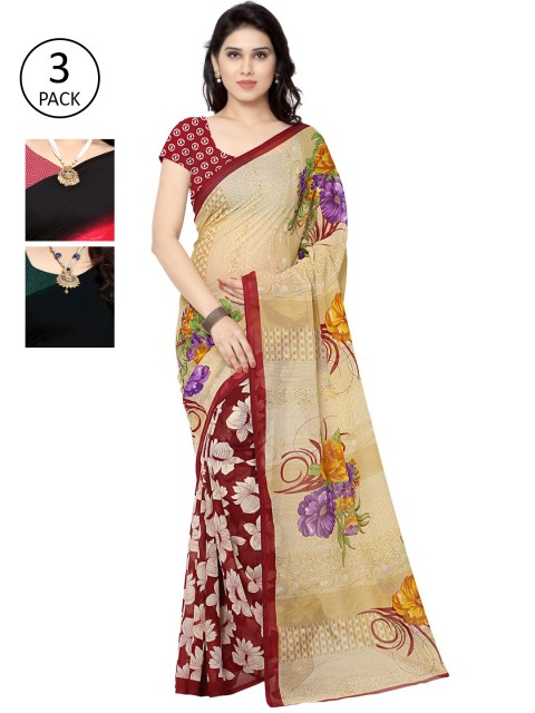 

KALINI Pack Of 3 Multicoloured Printed Sarees, Pink