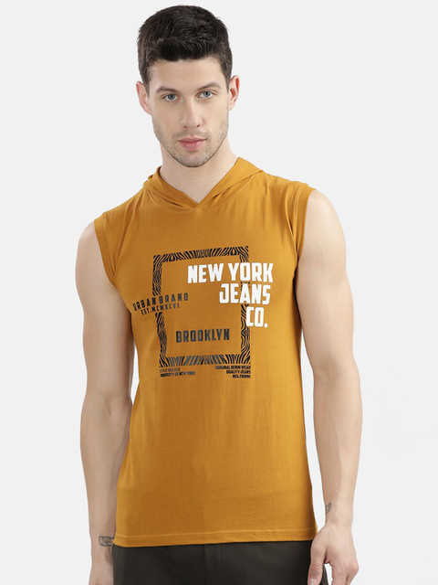 

V2 Value & Variety Men Mustard Yellow Typography Printed Hooded T-shirt
