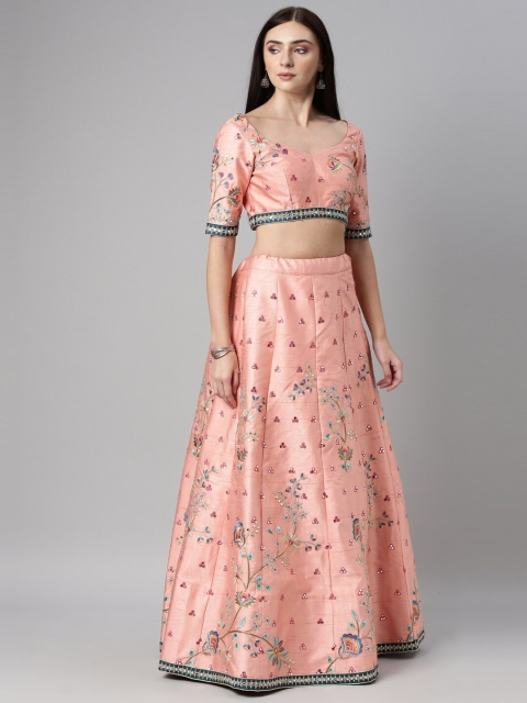 

panchhi Peach-Coloured & Teal Embroidered Mirror Work Semi-Stitched Lehenga & Unstitched Blouse With Dupatta