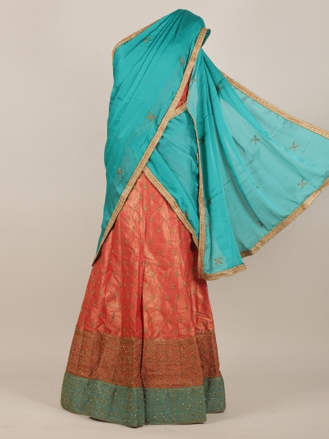 

Pothys Blue & Orange Embellished Beads and Stones Half Lehenga Saree