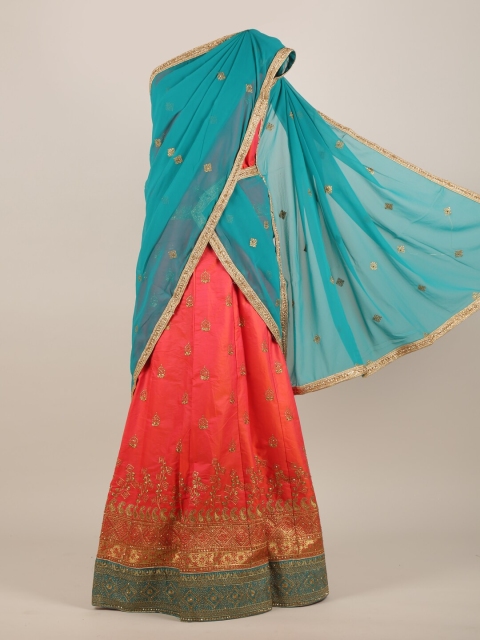 

Pothys Blue & Orange Embellished Half Lehenga Saree