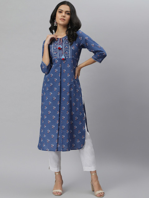 

QOMN Women Blue Geometric Printed Keyhole Neck Kurta