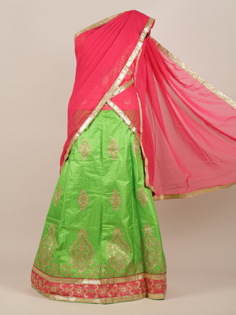 

Pothys Women Pink & Green Ethnic Motifs Embroidered Traditional Half and Half Saree