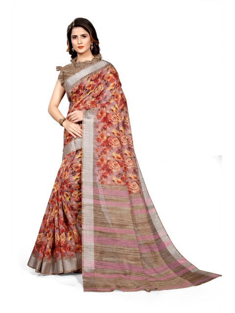 

KALINI Pink & Beige Floral Printed Zari Bagh Saree