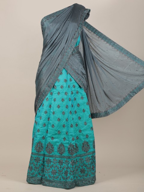 

Pothys Grey & Blue Ethnic Motifs Beads and Stones Jute Silk Half Saree