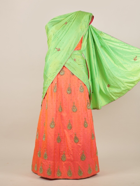 

Pothys Orange & Green Ethnic Motifs Jute Silk Half Lehenga Saree