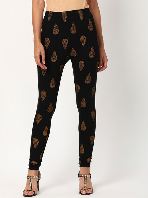 

V2 Value & Variety Women Black & Gold-Coloured Printed Cotton Ankle-Length Leggings