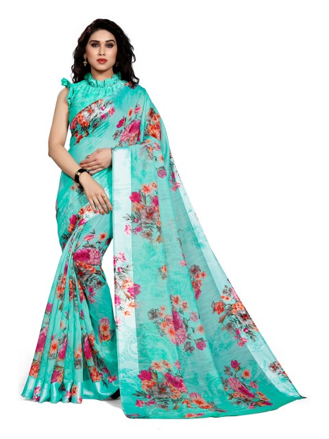 

KALINI Turquoise Blue & Pink Floral Printed Bagh Saree