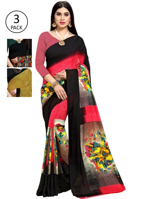 

KALINI Pack Of 3 Multicoloured Printed Sarees, Red