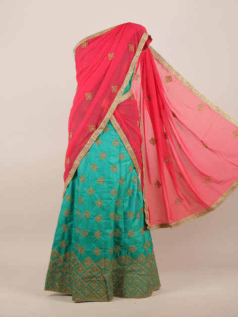 

Pothys Pink & Green Embroidered & Stoned Half Saree