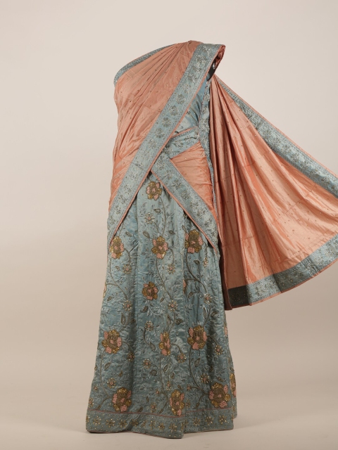 

Pothys Peach-Coloured & Silver Ethnic Motifs Embellished Jute Silk Half Lehenga Saree