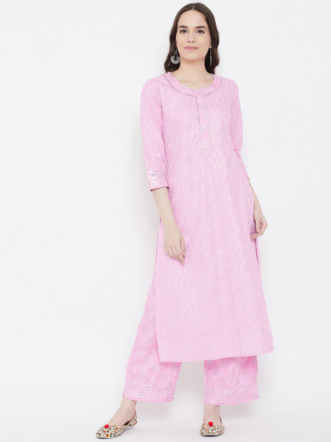 

Be Indi Women Pink Floral Embroidered Pure Cotton Kurti with Palazzos