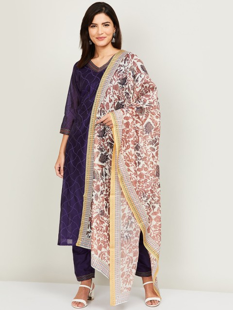 

Melange by Lifestyle Women Purple Printed Kurta with Trousers & Dupatta