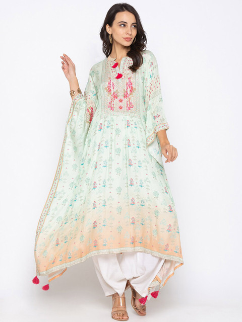 

TANKHI Women Green Ethnic Motifs Printed Flared Sleeves Kaftan Kurta