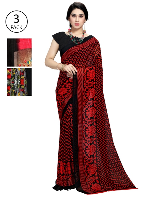 

KALINI Pack Of 3 Multicoloured Printed Sarees, Red