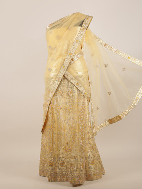 

Pothys Cream-Coloured & Gold-Toned Floral Sequinned Net Half Saree