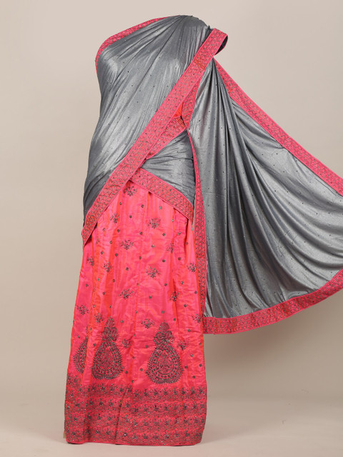 

Pothys Grey & Pink Embellished Jute Silk Half Lehenga Saree
