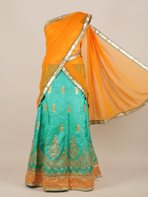 

Pothys Orange & Green Ethnic Motifs Beads and Stones Half Lehenga Saree