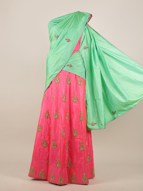 

Pothys Green & Gold Ethnic Motifs Embellished Jute Silk Half Lehenga Saree