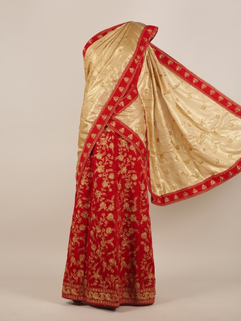 

Pothys Cream-Coloured & Red Floral Beads and Stones Satin Half Saree