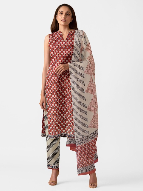 

Taneira Red & Beige Printed Pure Cotton Unstitched Dress Material