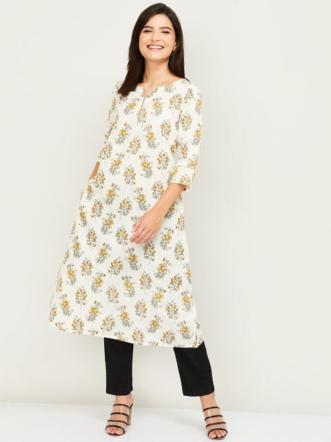 

Melange by Lifestyle Women Off White & Mustard Yellow Cotton Floral Printed A-Line Kurta