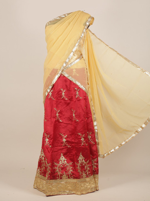 

Pothys Cream-Coloured & Red Embroidered Half Saree