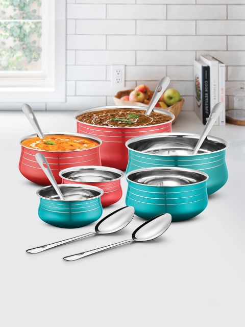 

URBAN CHEF Set Of 6 Red & Blue Stainless Steel Handi Set With 6 Serving Spoons