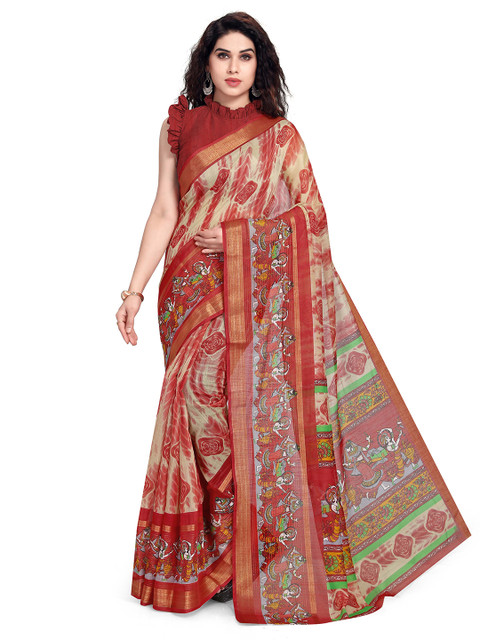 

KALINI Beige & Red Zari Baluchari Saree