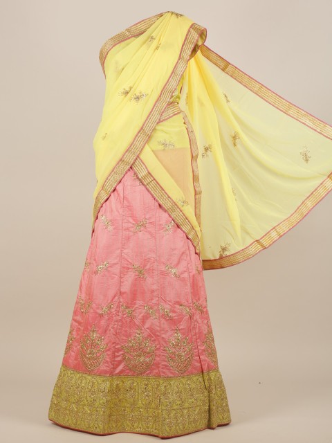 

Pothys Yellow & Peach-Coloured Embellished Heavy Work Half Lehenga Saree