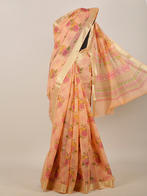 

Pothys Peach & Yellow Coloured Floral Printed Zari Border Saree